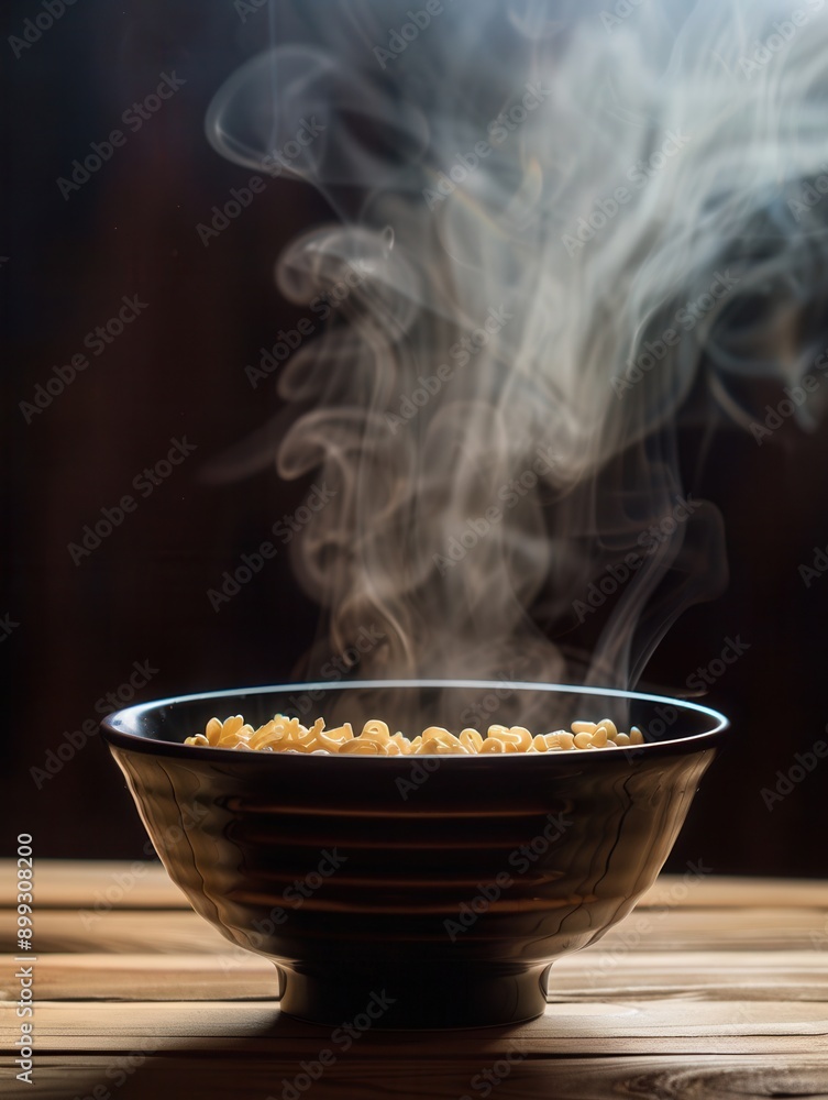 Poster a bowl of instant noodles emits steam, inviting warmth and comfort on a rustic wooden table perfect 