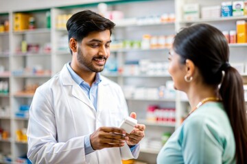 Indian Pharmacist Explaining Medicine Dosage to Customer in Pharmacy
