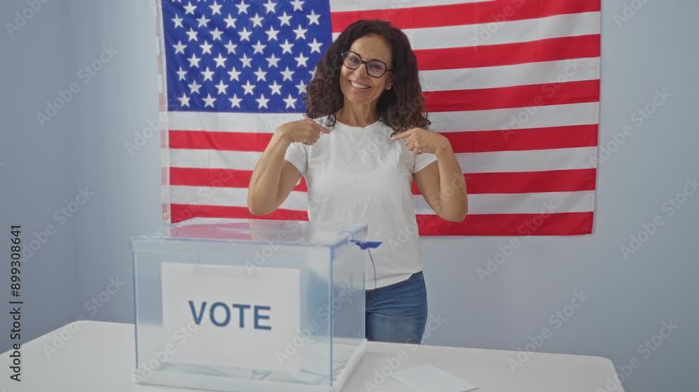 Poster american middle age hispanic woman standing by vote ballot, pointing with hand and finger, happy and