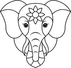 Elephant head coloring page kids friendly simple line art cute elephant  face with geometric flower mandala design pattern minimal clipart art KDP coloring interior
