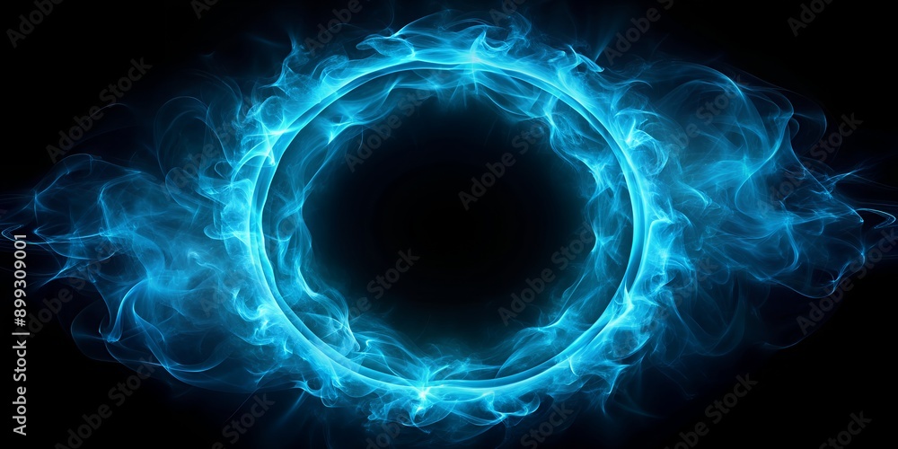 Poster neon blue abstract circle with smoke on dark background ai generative