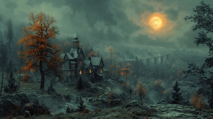 Obraz premium Halloween Art Postcard, Fantasy style illustration Halloween wallpaper background