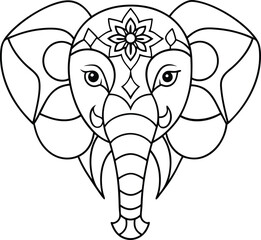 Elephant head coloring page kids friendly simple line art cute elephant  face with geometric flower mandala design pattern minimal clipart art KDP coloring interior