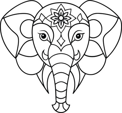 recommend clip art: Elephant head coloring page kids friendly simple line art cute elephant  face with geometric flower mandala design pattern minimal clipart art KDP coloring interior