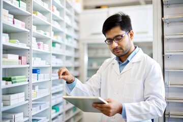 Fototapeta premium Indian Pharmacist Organizing Medicine Boxes on Pharmacy Shelves 