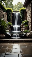Luxury home courtyard with waterfall
