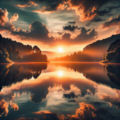 A lake at dusk reflecting a beautiful sunset.