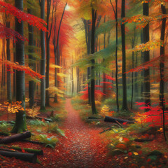 A forest adorned with autumn foliage.