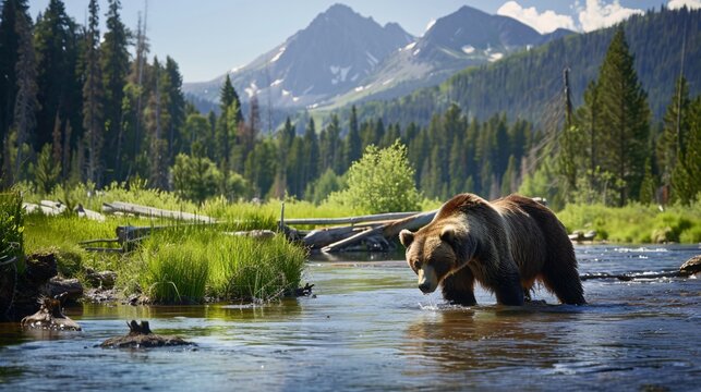 The diverse wildlife of Yellowstone, featuring a close-up of a grizzly bear fishing in a river, with lush forest and mountains in the background