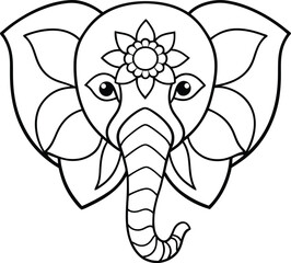 Elephant head coloring page kids friendly simple line art cute elephant  face with geometric flower mandala design pattern minimal clipart art KDP coloring interior