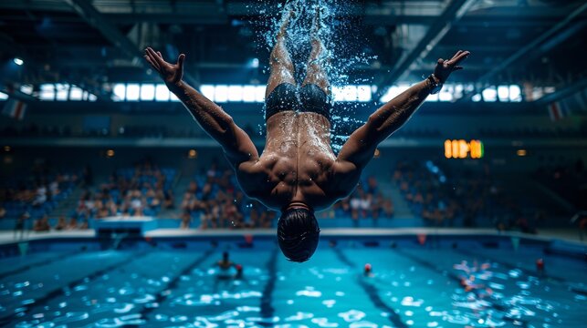 A diver performing an intricate dive, captured mid-air with perfect form and focus. The background features the diving platform, pool, and spectators holding their breath in anticipation