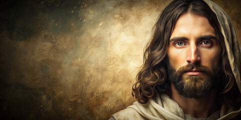 A portrait of Jesus Christ on a textured background, with copy space for text. It represents spirituality and faith, suitable for religious events, worship, and meditation.