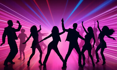 Fototapeta premium group of silhouettes dancing at a disco party, illuminated by neon lights and laser beams