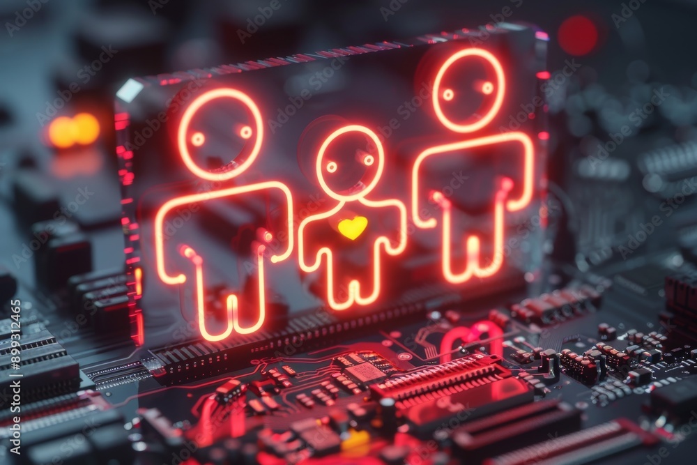 Poster abstract depiction of a digital family on a circuit board symbolizing technology innovation and conn