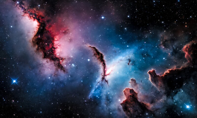 Fototapeta premium Vivid interstellar nebula in outer space featuring star forming regions, radiant energy emitting clouds of gas and dust, astronomy colorful celestial bodies against dark universe backdrop