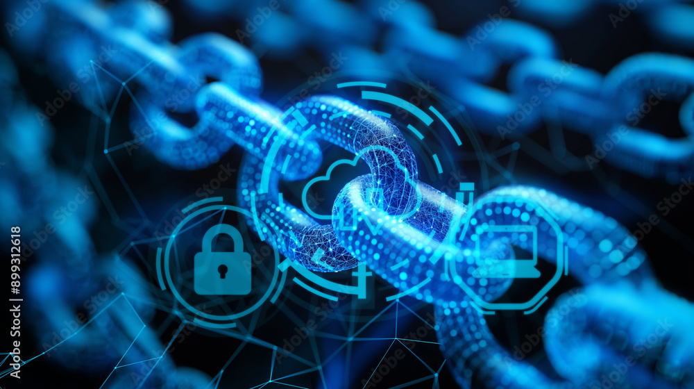 Poster blockchain technology concept. futuristic blue background with dots and lines. abstract outline tech