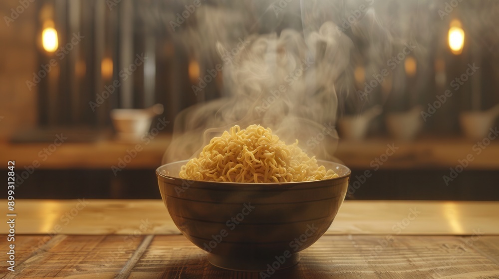 Poster a steaming bowl of instant noodles rests on a wooden table, filling the air with warmth and inviting