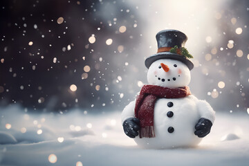 Fototapeta premium A joyful snowman in a snowy landscape with festive decorations, creating a merry holiday atmosphere