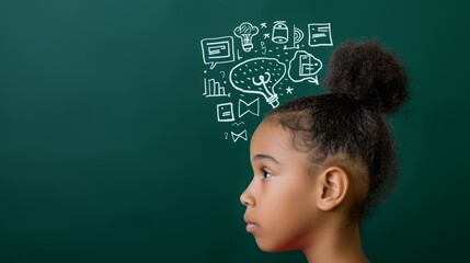 A curious girl deep in thought, surrounded by symbols of learning and knowledge on a chalkboard background.