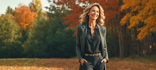 Mature woman in autumn park, radiant smile under warm sunlight, surrounded by colorful fall leaves, age gracefully embracing nature beauty, outdoor experience filled with happiness and serenity