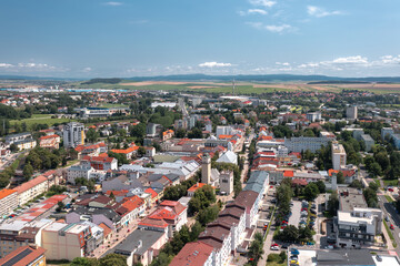 Summer skyline cityscape of Poprad (Spiš, northern Slovakia, near High Tatra Mountains) famous for its historic centre and as a holiday resort. Aerial panoramic view of Námestie svätého Egídia sqaure.