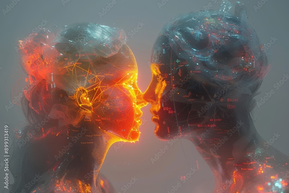 Poster enigmatic face to face digital interaction in a glowing futuristic environment exploring themes of c