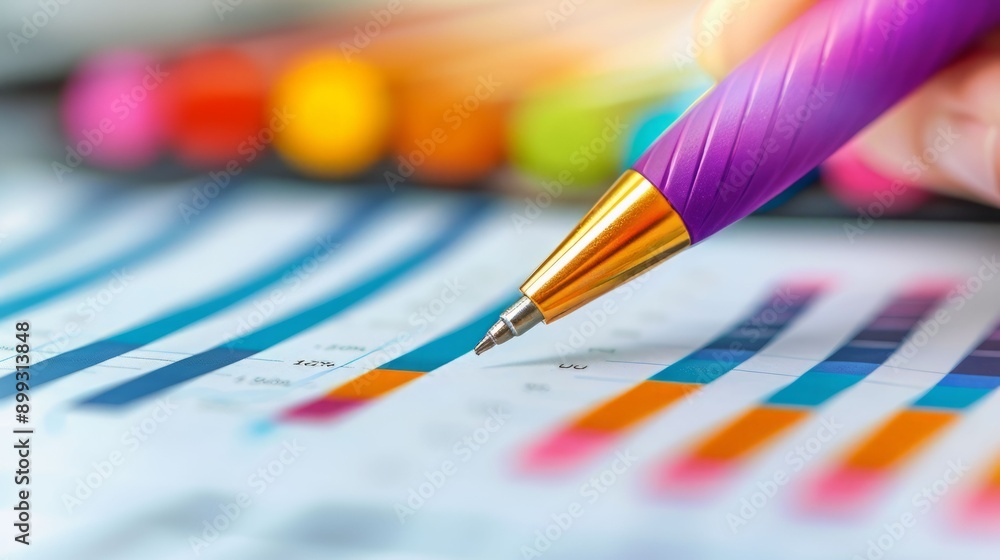 Poster close-up of a vibrant pen on a colorful chart, illustrating data analysis and productivity in a crea