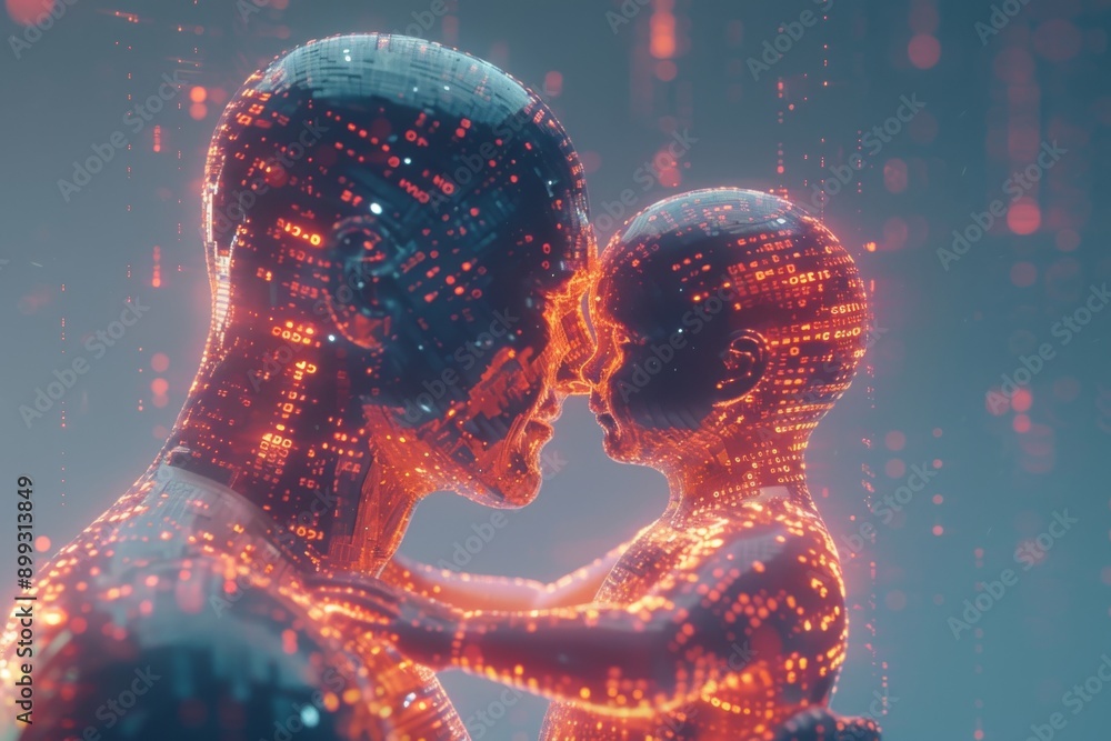 Poster digital parent and child in a neon lit futuristic setting symbolizing connection technology and futu