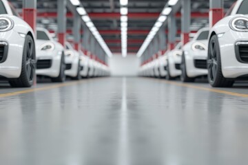 Obraz premium A sleek row of white cars parked in a modern showroom, showcasing automotive design and elegance in a spacious environment.