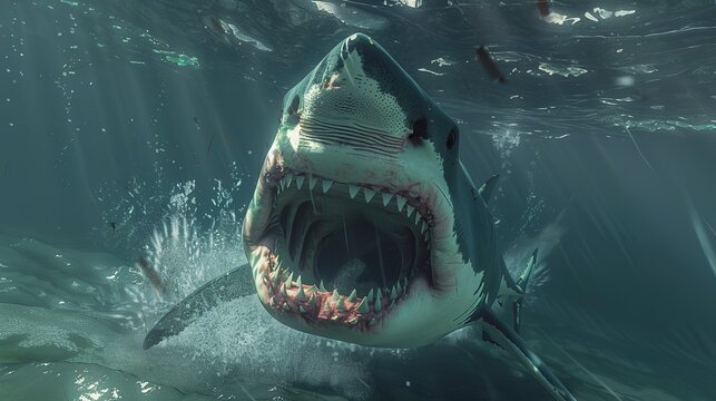 white shark underwater jaws open predator attacks. 