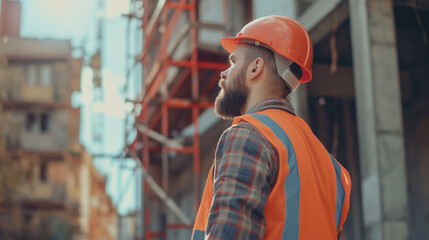 Back view of construction contractor man wearing protective gear and hard hat, hardworking, an engineer working closely, business worker portrait, building concept
