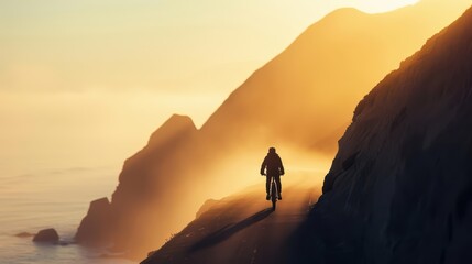 Obraz premium Traveler with coastal road and sunlight filtering through the ocean mist, highlighting the beauty and serenity of seaside journeys, banner, with copy space