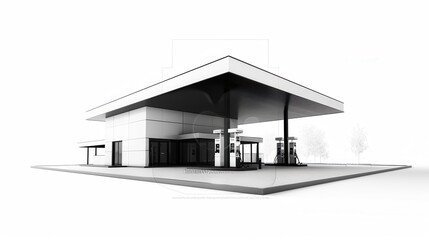 A sleek, modern fuel dispensing complex structured in black and white for promotional purposes, presented against a clean white background. Generative AI