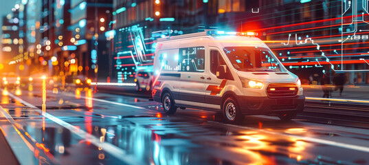 A white ambulance with flashing lights drives through a futuristic city street, illuminated by neon signs and digital data visualizations in the background
