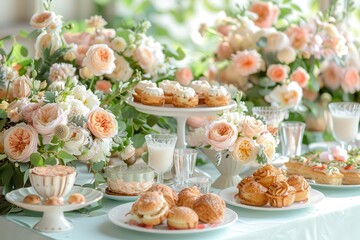 Bridal Shower Brunch A beautifully decorated table setting for a bridal shower brunch, featuring pastel colors, floral arrangements, and delicious pastries