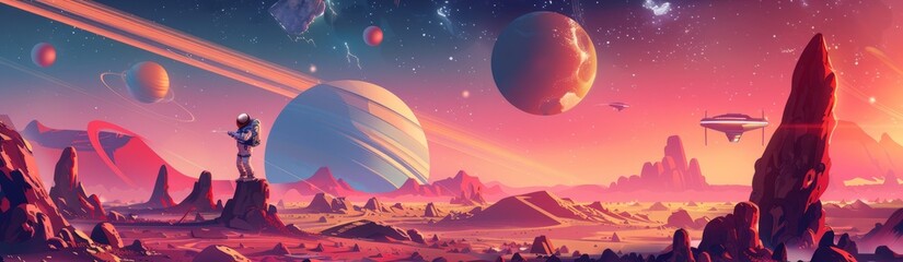 Obraz premium Design an image showing a astronaut exploring a large 3D cartoon planet with rings. Other planets and spaceships can be seen in the distance
