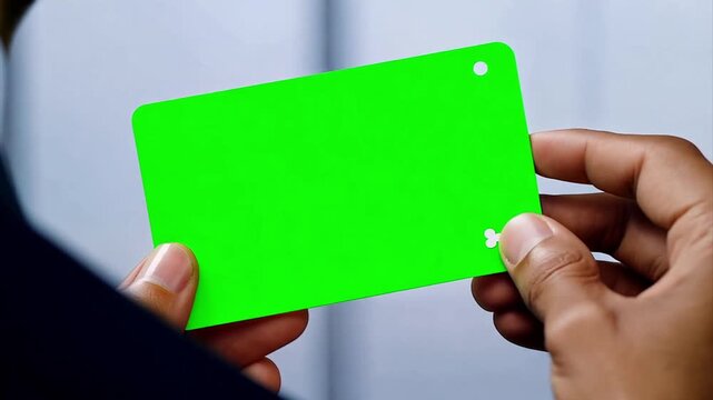 Close up of a business card being held in a man's fingers as he inspect it where the business card is a chroma key green screen.