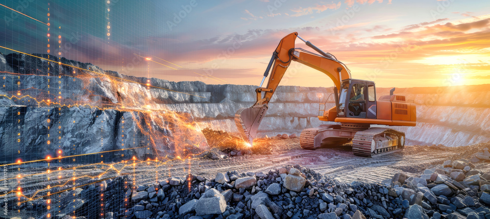 Poster an excavator works in a quarry at sunset, illuminated by a warm glow. a data visualization overlay s