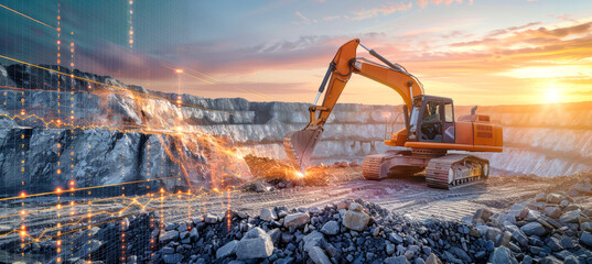 An excavator works in a quarry at sunset, illuminated by a warm glow. A data visualization overlay showcases efficiency and progress