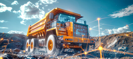 A yellow dump truck drives through a rocky landscape, with a futuristic data visualization overlay showing graphs and numbers. The truck is moving forward in a dynamic setting