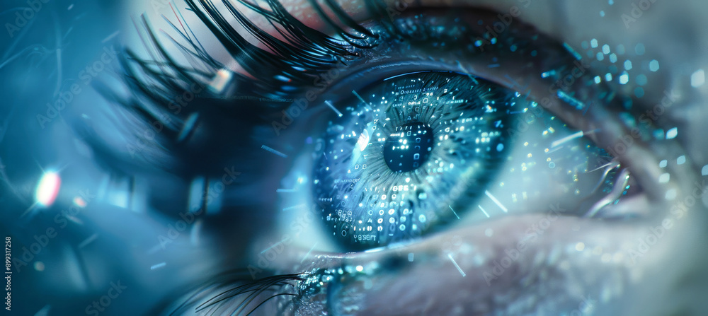 Poster a close-up of a futuristic blue eye with digital data streams passing through the iris and surroundi