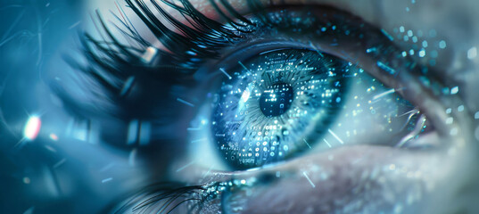 A close-up of a futuristic blue eye with digital data streams passing through the iris and surrounding visual technology symbols