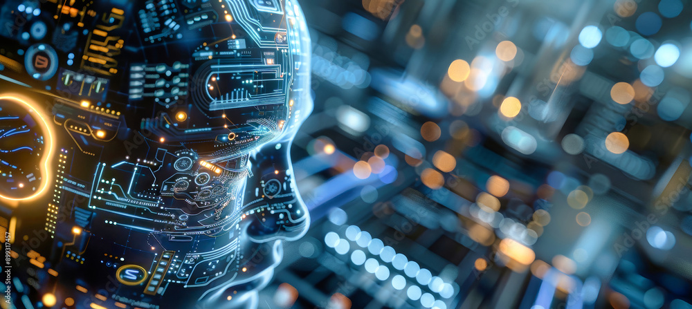 Poster futuristic 3d rendering of a man's head with a clock placed in the center, symbolizing time manageme