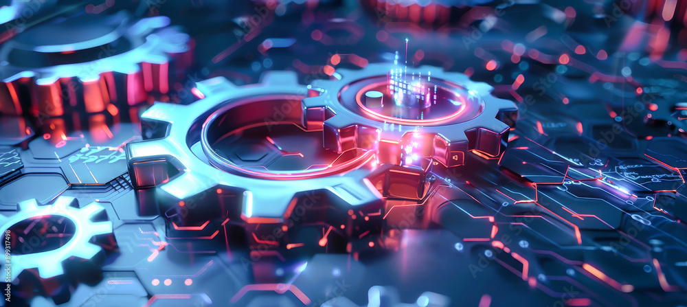 Poster futuristic metallic gears spin in 3d against a blue hexagonal background with holographic data displ