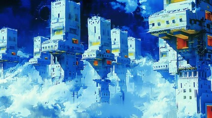 Futuristic floating cityscape above clouds, featuring modern architecture in a vibrant blue sky setting, depicting a sci-fi urban environment.