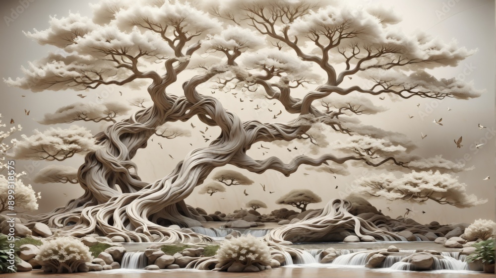 Poster 3d rendering landscape scene large tree center is made up branch
