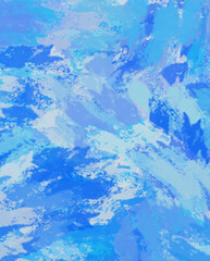 Textured watercolor background featuring various shades blue bold brushstrokes, vibrant and energetic feel resembling ocean waves or a sky with scattered clouds