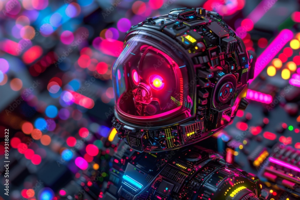 Poster intricate digital sculpture of a robot head in a vibrant high tech environment symbolizing technolog