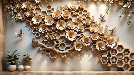 3D rendering wall decoration made wood is up series hexagonal pa