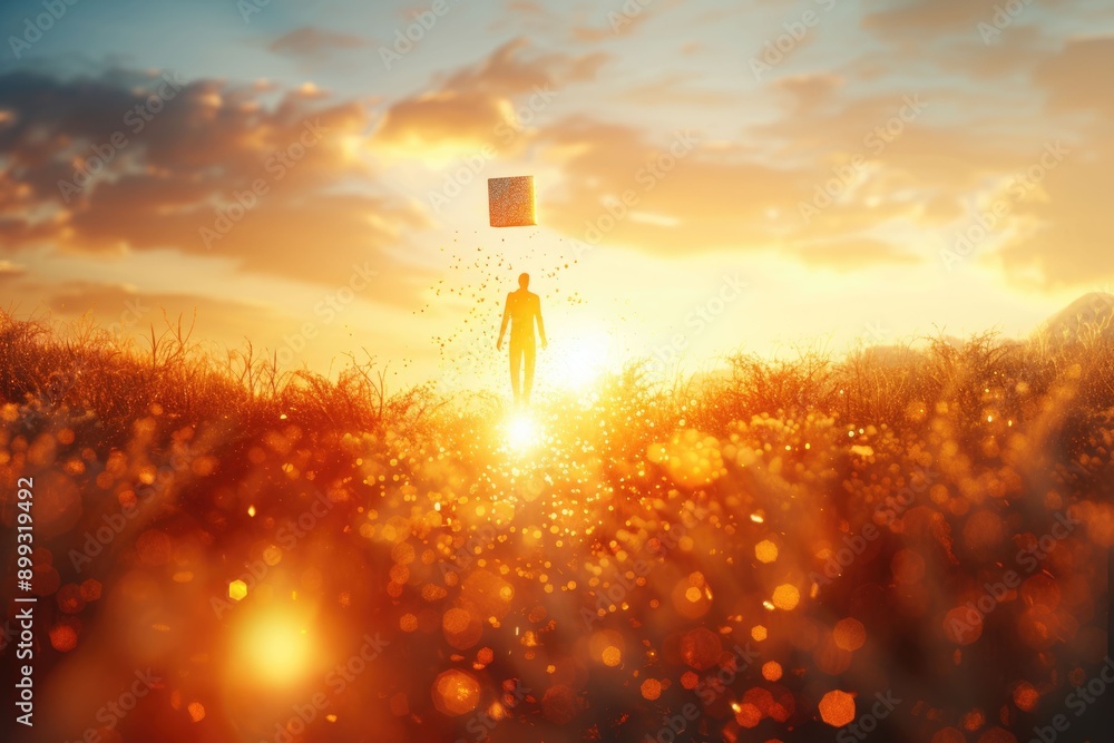 Poster businessman holding abstract sphere with shiny cube in 3d.